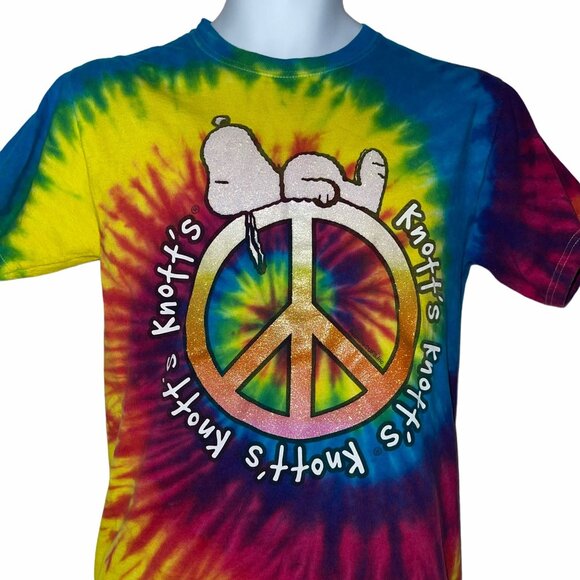 Knott's Berry Farm TShirt Mens S Snoopy Tee Tie Dye Glitter Peace Sign Colorful - Picture 2 of 9